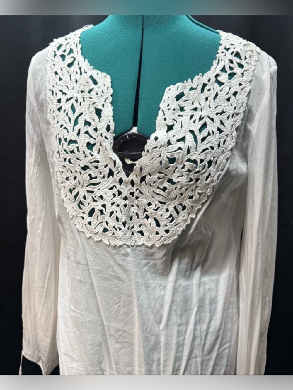 ❤️ White House Black Market Ivory Crochet Yoke Long Sleeve Tunic Top Blouse (B3)